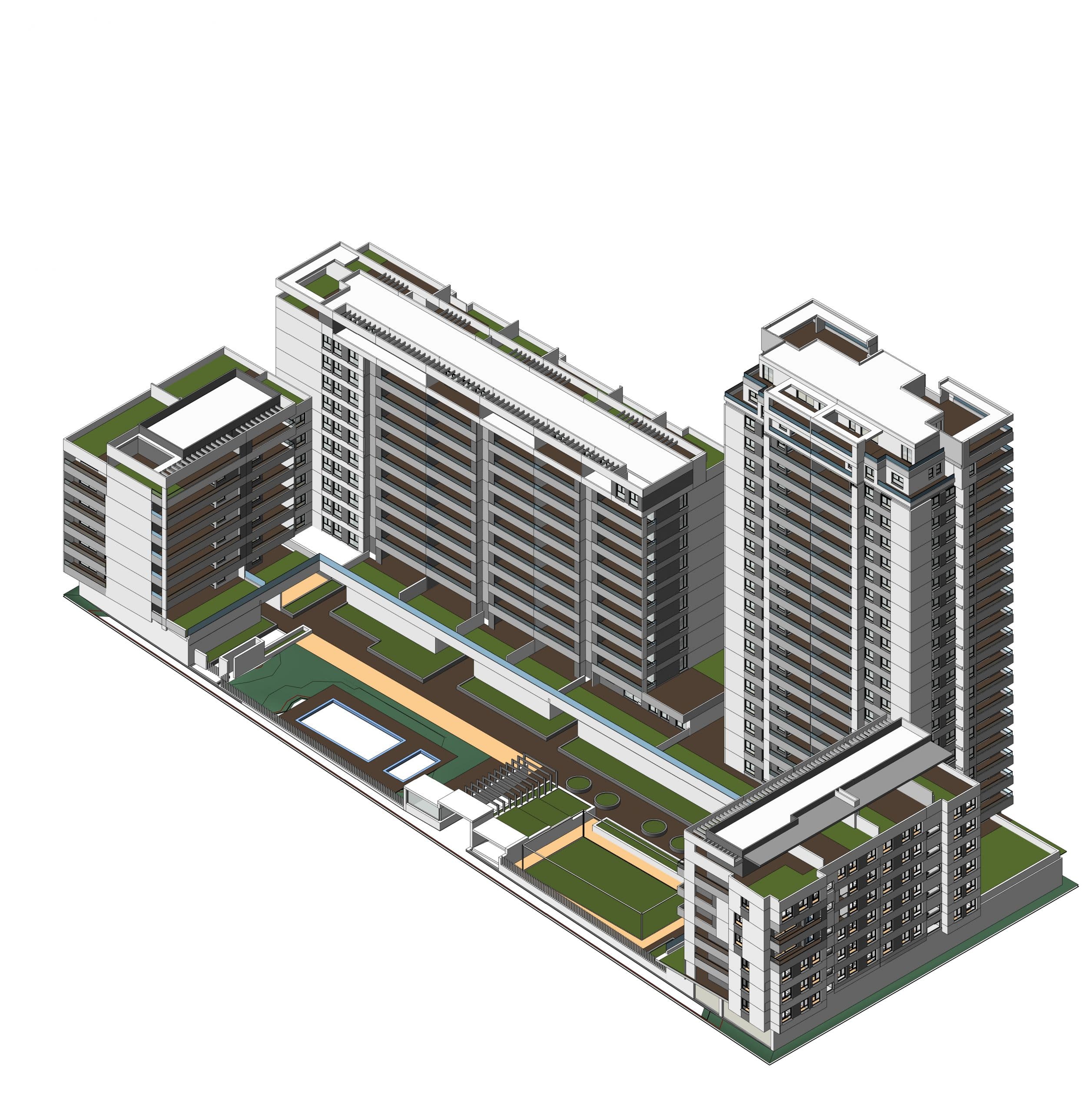 Modeling, coordination, and documentation of a residential project consisting of 198 homes in Zaragoza.